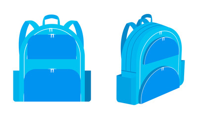 Cyan foldable backpack with front zippered pocket, outdoor folding storage package, travel bag, sports gym bag, sketch template isolated on white background
