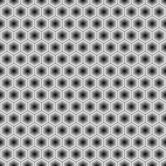 Repeated color figures on black background. Honeycomb wallpaper. Seamless surface pattern design with regular hexagons. Polygons motif. Digital paper for page fills, web designing, textile print.