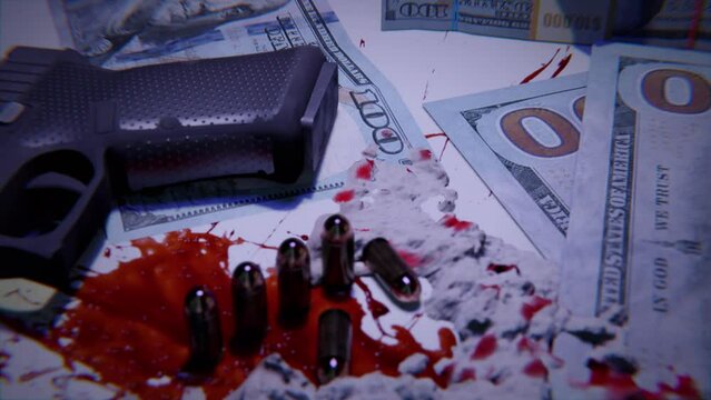 Gun Bloody Dollars Cigarette Lying On The Table II , Animation.Full HD 1920×1080. 11 Second Long.