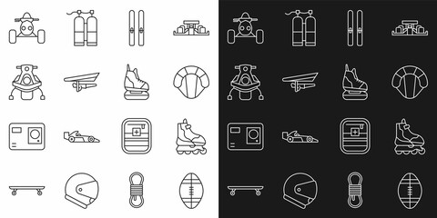 Set line Rugby ball, Roller skate, Parachute, Ski and sticks, Hang glider, Snowmobile, ATV motorcycle and Skates icon. Vector