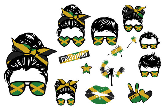 Family sublimation pack in colors of national flag on white background. Jamaica