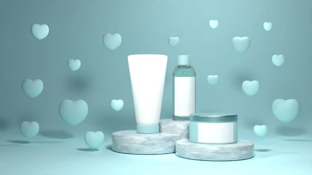 Mockup bottle for cosmetics on blue background for beauty advertisements with hearts, 3d rendering