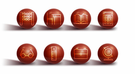 Set line Abacus, Glasses, Calculator, School backpack, Ruler, table and chair, Earth globe and Open book icon. Vector