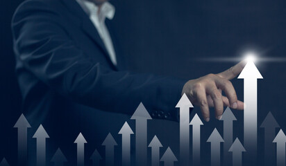 Business development to success and growing growth concept. Businessman pointing arrow graph...