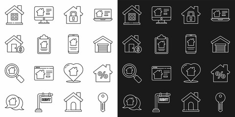 Set line House key, with percant discount, Garage, under protection, contract, dollar symbol, and Online real estate house icon. Vector
