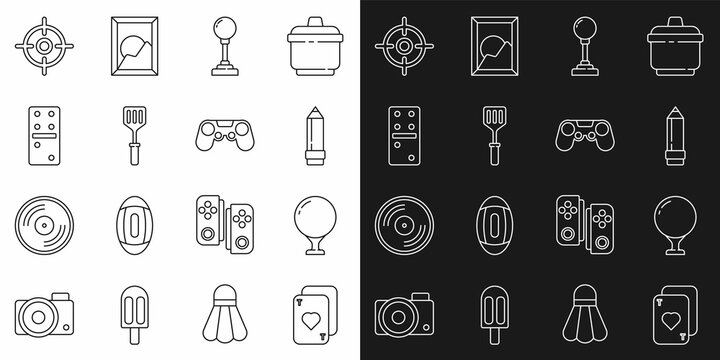 Set line Playing cards, Golf ball on tee, Pencil with eraser, Joystick for arcade machine, Spatula, Domino, Target sport and Gamepad icon. Vector