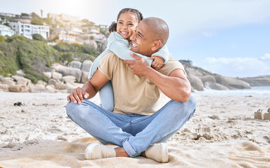 Shot of adorable little cheerful girl hugging her father from behind while bonding together at the beach. Carefree dad having fun with playful daughter during summer seaside vacation on the shore