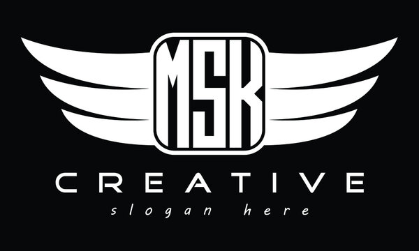 MSK three Letter Wings Flying Initial wing symbol minimalist creative concept flag icon professional logo design Vector template with abstract black and white tattoo