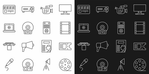 Set line Film reel, Cinema ticket, Play Video, camera, CD or DVD disk, Online play video, Movie clapper and Remote control icon. Vector