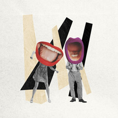Contemporary art collage. Couple, man and woman with big open mouths instead heads over abstract...