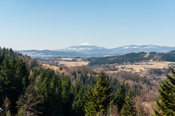 Amazing aerial panoramic view on the mountains, forest, village from observation deck in Poland, Rabka-Zdroj