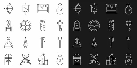 Set line Old money bag, Garden pitchfork, key, Antique treasure chest, Round wooden shield, Medieval throne, bow and arrow and Quiver with arrows icon. Vector