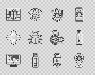 Set line Create account screen, System bug, USB flash drive, Shield with brick wall, Cyber security and icon. Vector