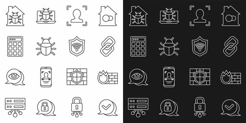 Set line Check mark in speech bubble, Firewall, security wall, Chain link, Face recognition, System bug, Password protection, House system and Shield with WiFi wireless icon. Vector