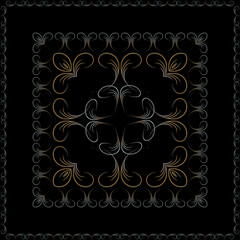 Vector floral pattern for the design of a scarf, tablecloth, tiles. Pattern frame squared background black.