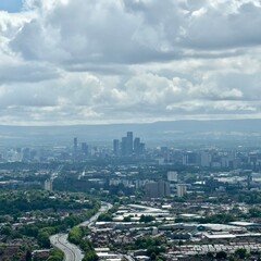 Fototapeta premium Aerial view of the city and surrounding area. Taken from a helicopter. Manchester England. 