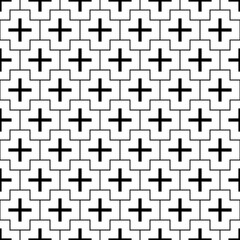 Repeated black figures and lines on white background. Crosses wallpaper. Seamless surface pattern design with polygons. Mosaic motif. Digital paper for page fills, web designing, textile print. Vector