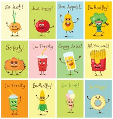 Cute funny food and drink characters set, best friends, funny fast food menu vector Illustrations. Flat vector illustration use for web page, card, poster, banner.