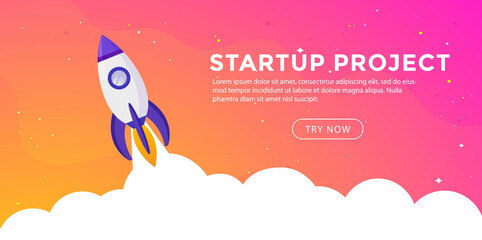 Rocket ship in a flat style. Space rocket launch.Project start up and development process. Business Startup launching product with rocket concept. Vector stock
