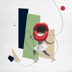 Composition with woman in retro style outfit with big mouth over abstract background. Contemporary art collage. Ad, surrealism, imagination, inspiration.
