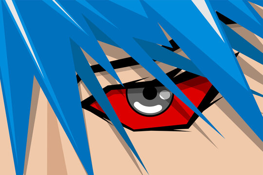 Anime comic strip pretty boy or girl face with red eye and blue hair. Manga comics book hero art background concept. Vector cartoon look eps illustration