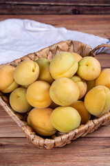 Apricots on wood background. A pile of fresh apricots in a basket. close up