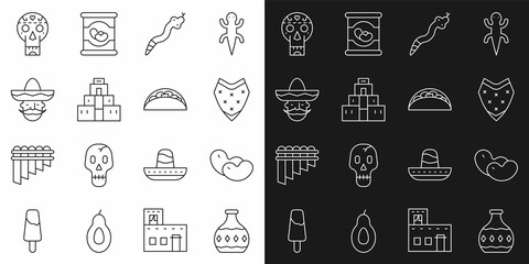Set line Tequila bottle, Beans, Poncho, Snake, Chichen Itza in Mayan, Mexican man sombrero, skull and Taco with tortilla icon. Vector