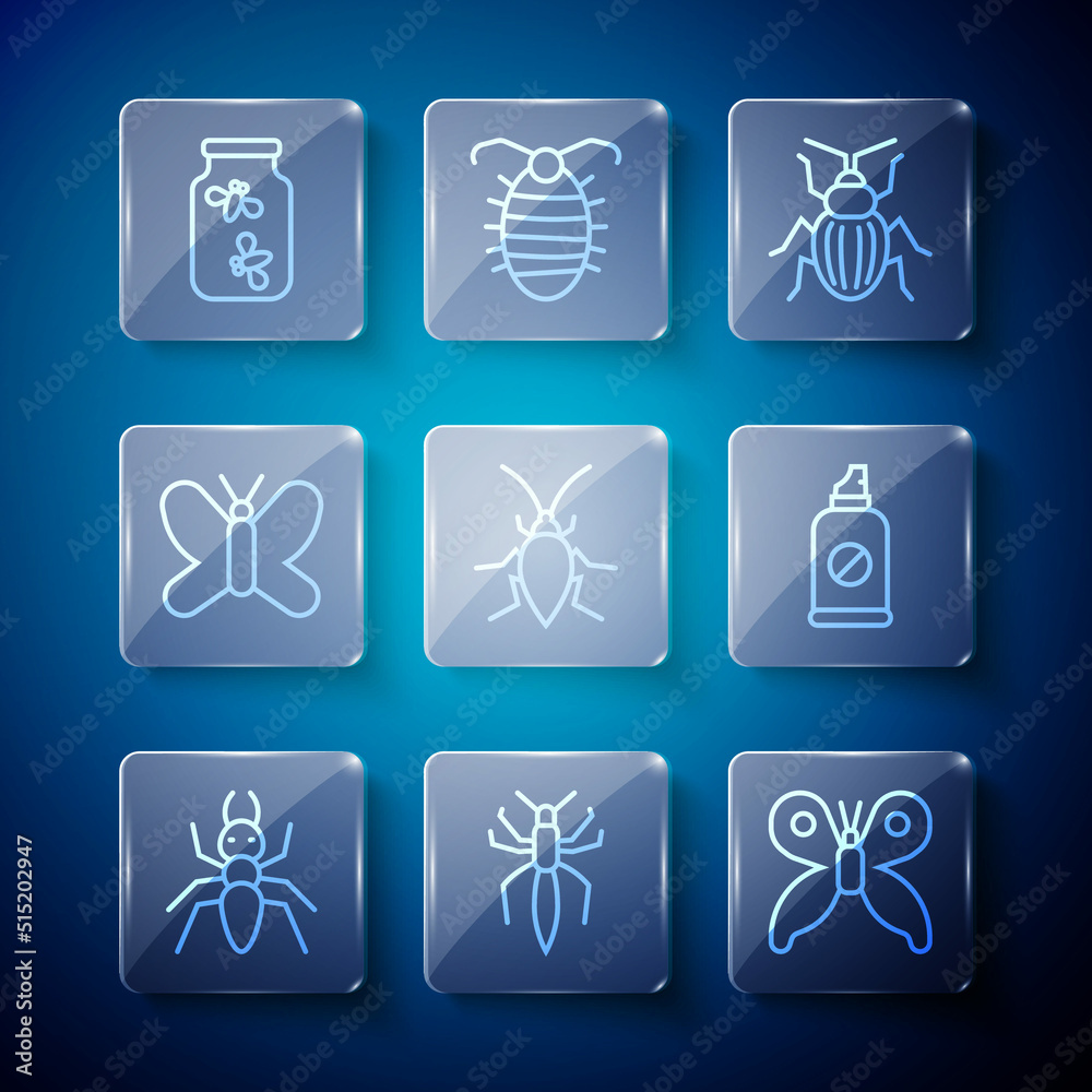 Sticker Set line Ant, Spider, Butterfly, Chafer beetle, Cockroach, Fireflies bugs in jar and Spray against insects icon. Vector