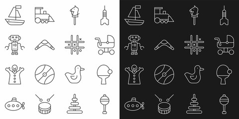 Set line Rattle baby toy, Racket and ball, Baby stroller, Toy horse, Boomerang, Robot, boat and Tic tac toe game icon. Vector