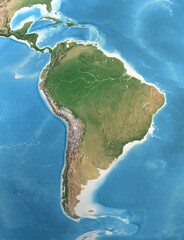 Physical map of South and Central America, with high resolution details. Satellite view of Planet Earth. 3D illustration - Elements of this image furnished by NASA - obrazy, fototapety, plakaty