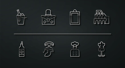 Set line Bottle of wine in bucket, olive oil, Coliseum Rome, Italian cook, Roman army helmet, Handbag, Mannequin and Picture icon. Vector