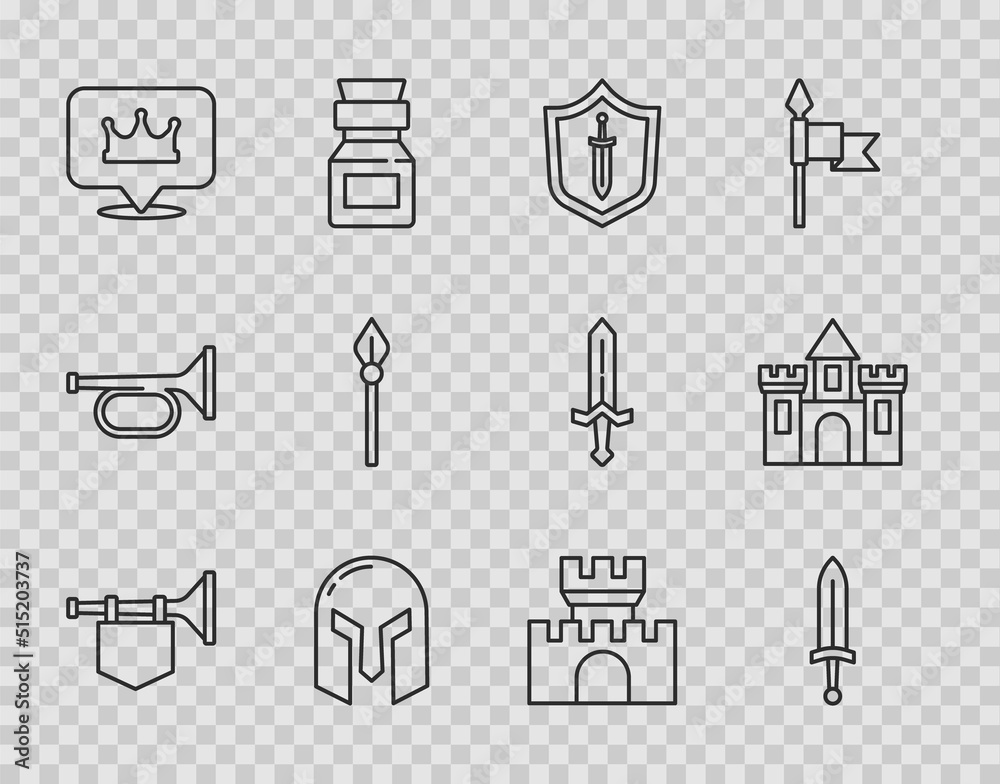 Sticker Set line Trumpet with flag, Medieval sword, shield, iron helmet, Location king crown, spear, Castle, fortress and icon. Vector