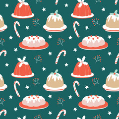 Seamless vector pattern with Christmas puddings, pies and candies,. Holiday design for textile, fabric, wrapping paper, scrapbooking design