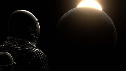   Astronaut looking at the moon. Cosmonaut in outer space. Sunlight.   © CESM I Studio