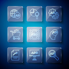 Set line Document with graph chart, Advertising, SEO optimization, Shopping cart, and icon. Vector