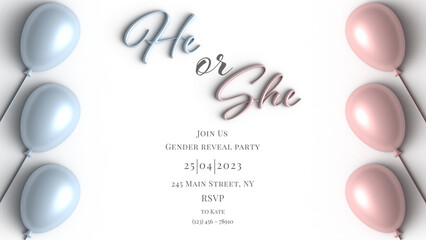 Invitation for gender reveal party. He or she postcard. Baby shower announcement banner in soft pink and blue pastel colours background, 3d. Boy or girl, trending illustration trending
