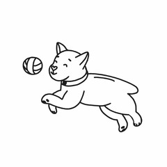 Hand drawn dog playing with ball. For the design of dog themes: training, caring, grooming a dog. Doodle style vector illustration.