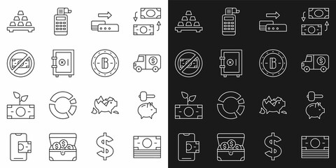 Set line Stacks paper money cash, Piggy bank and hammer, Armored truck, Pos terminal, Safe, No, Gold bars and Bitcoin icon. Vector