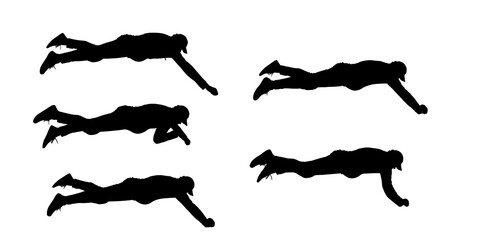 A young guy lies on his stomach and stretches his hand down. A person helps, pulls something or someone. Rescuer. A group of athletes. Sport competitions. Five black male silhouettes isolated on white