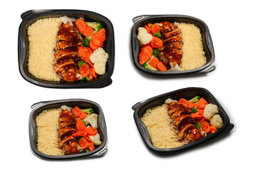 Ready food in a container. Stewed chicken in teriyaki sauce, stewed carrot, cabbage and porridge.