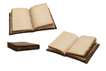 An open empty old notebook isolated on a white background.