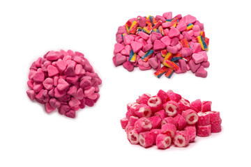 Assorted gummy candies. Top view. Jelly  sweets. Isolated on white.