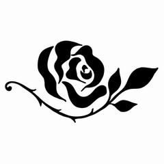 Black silhouette of rose with leaves.  Vector illustration  isolated on white background. Flower motif sketch for design.