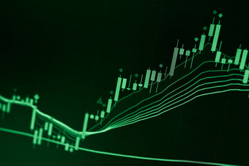 Stock market data on digital LED display. Fundamental and technical analysis with candle stick graph chart of stock market trading to represent about Bullish and Bearish point.