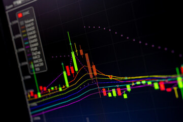 Stock market data on digital LED display. Fundamental and technical analysis with candle stick graph chart of stock market trading to represent about Bullish and Bearish point.