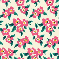 Seamless floral pattern, cute ditsy print in retro style. Simple botanical background design with small pink flowers, leaves, hand drawn plants on a light field. Vector illustration.