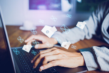 Close up hand people, newsletter concept Hand of a businessman checking message box on digital laptop at home office