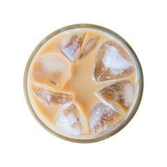 Top view Iced coffee with the bubble in the cup isolated white background.