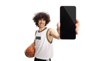 Basketball player holding a ball and showing a smartphone