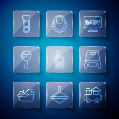 Set line Baby bathtub, Whirligig toy, Toy train, Monitor Walkie Talkie, Rattle baby, clothes pin and potty icon. Vector